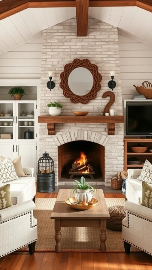 Farmhouse living room with fireplace and wooden beams
