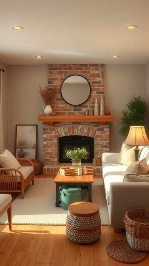 Farmhouse living room with brick fireplace and warm tones