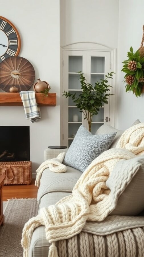 Farmhouse living room with layered textiles and cozy fabrics