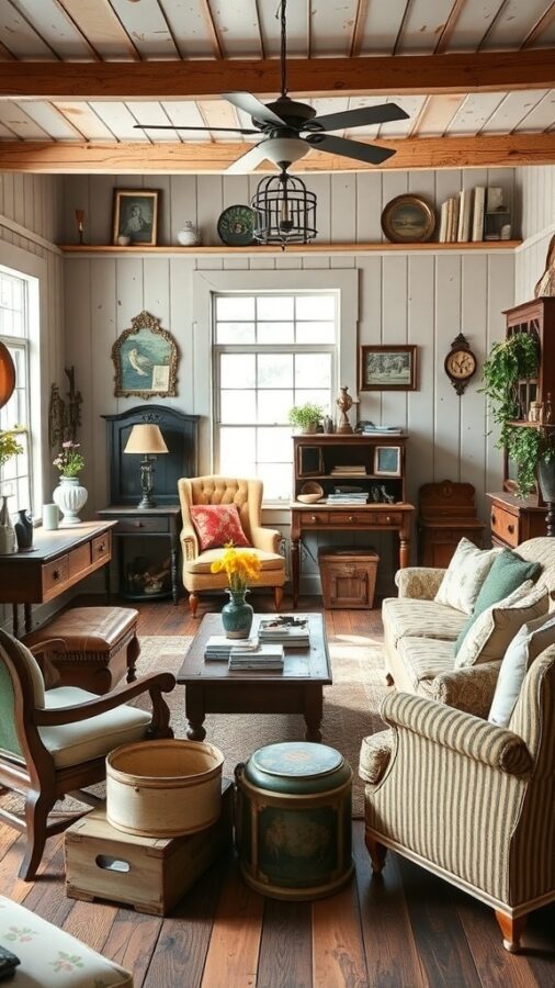 Farmhouse living room with vintage furniture and warm accents