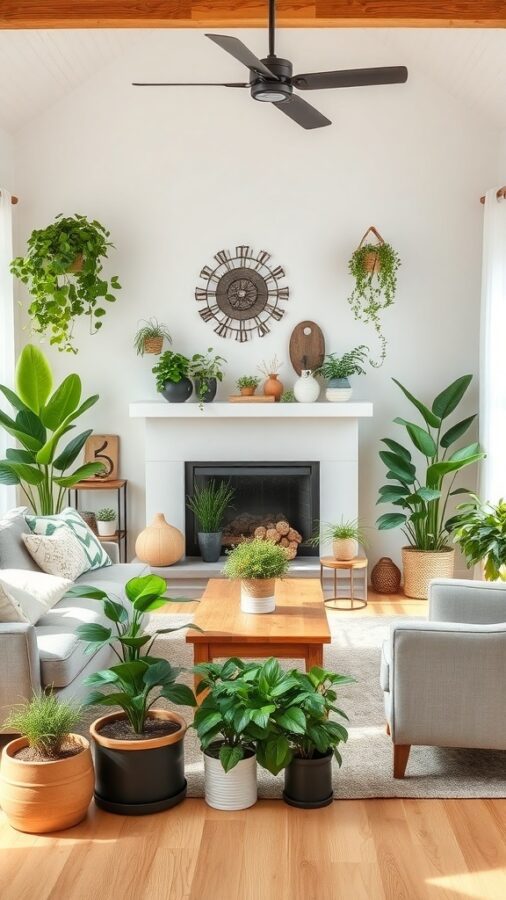 Farmhouse living room with plants and natural decor