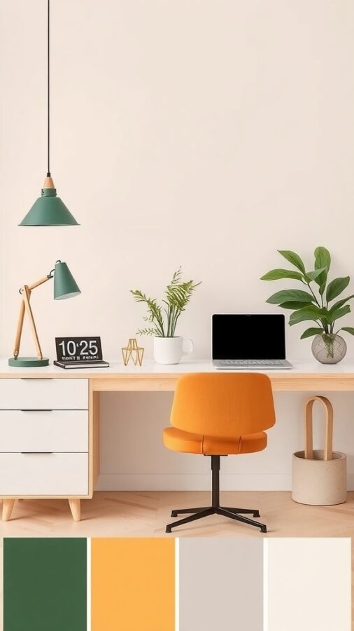 A stylish home office with an orange chair, green pendant light, and plants, showcasing a vibrant color palette.
