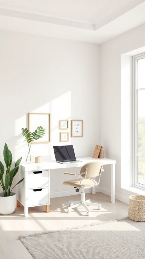 A minimalist home office featuring a white desk, a comfortable chair, and a plant by the window.