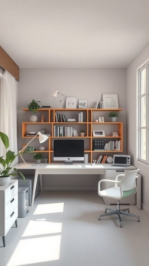 A bright home office with a desk, computer, and bookshelves, featuring natural light from large windows.