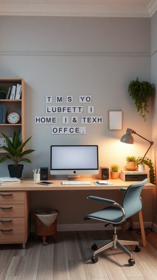 A modern home office setup featuring a desk with a computer, plants, and decorative letters on the wall.