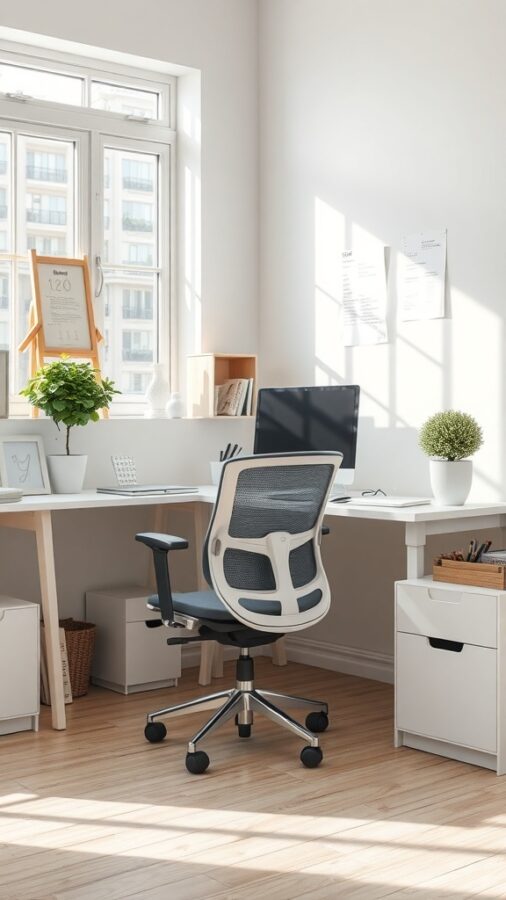 A bright and organized home office with a desk, chair, and plants.