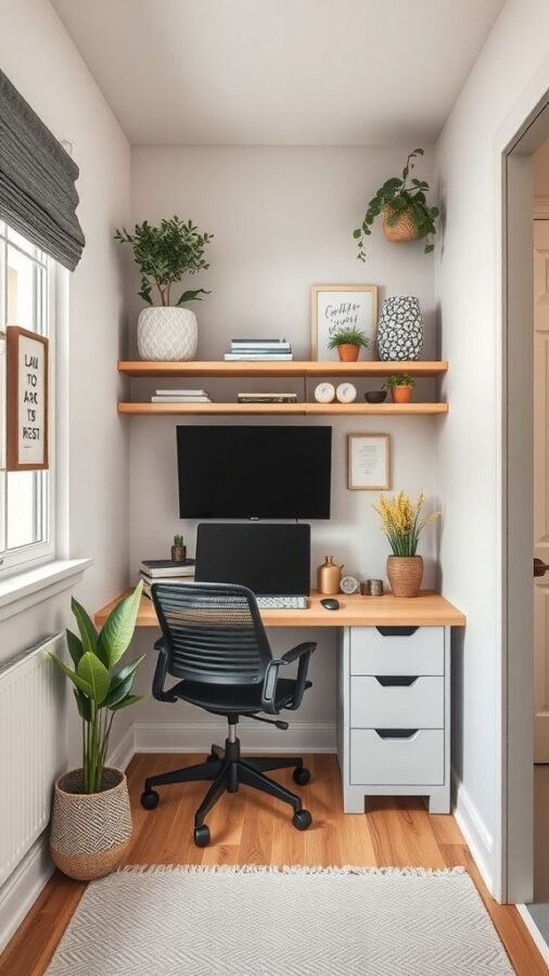 A small home office setup featuring a wooden desk, a black chair, and plants, creating a cozy workspace.
