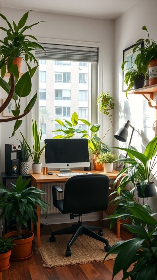 A home office with a wooden desk, black chair, and various indoor plants by the window.