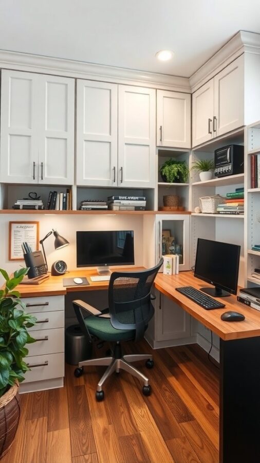A cozy home office with built-in cabinets, a spacious desk, and plants.