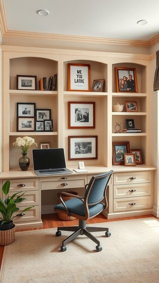 A cozy home office with built-in shelves displaying framed photos, a laptop, and a plant.
