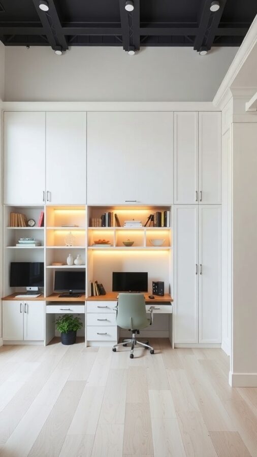 Modern home office with built-in shelves and desk, featuring white cabinetry and warm wood accents.