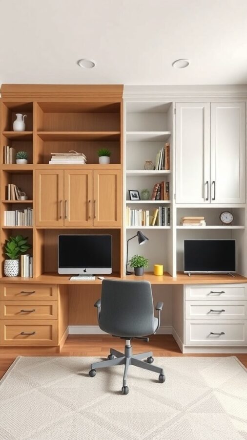 A modern home office with custom built-ins featuring wood and white cabinetry, a desk with two computers, and a comfortable chair.