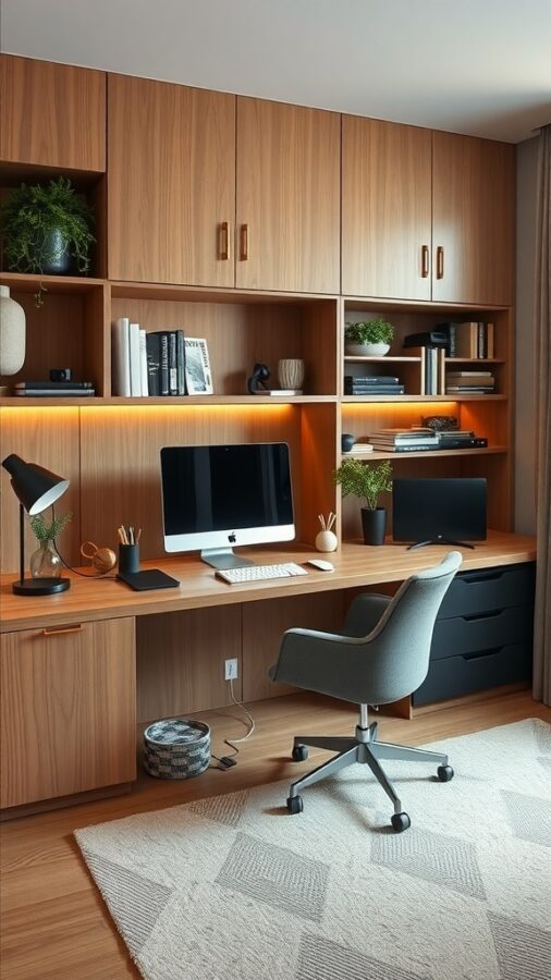 A modern home office with built-in shelves, a desk, and technology integrated into the design.