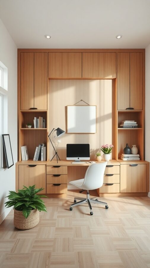 A modern home office with wooden built-ins, a desk, and a plant.