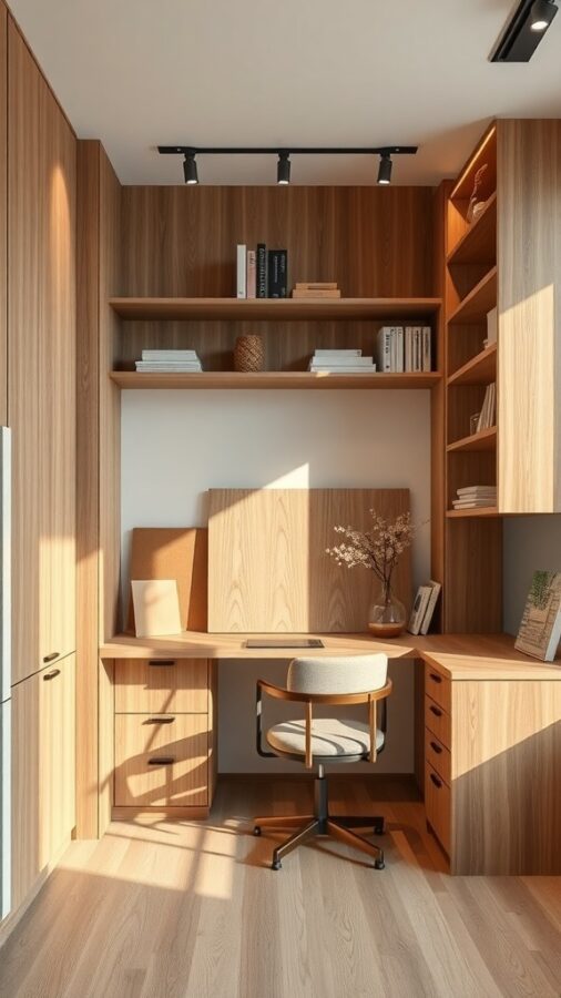 A modern home office with wooden built-ins, showcasing a desk, shelves, and a comfortable chair.