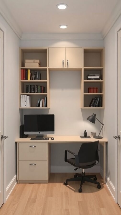A small home office with built-in shelves, a desk, and a computer.