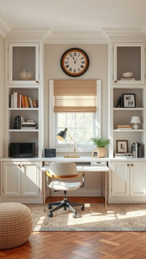 A home office with built-in shelves, a desk, and a cozy chair, featuring warm wood flooring and natural light.