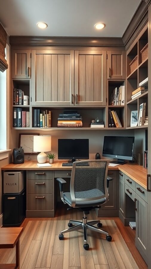 A cozy home office with built-in storage, featuring cabinets, a desk, and two computer monitors.