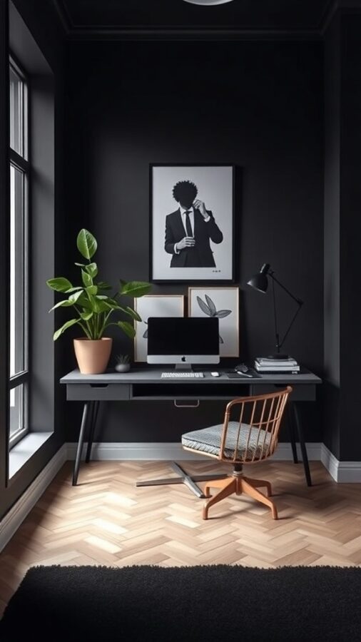 10 Essential Elements for a Moody Home Office Makeover 2 A modern home office with dark walls, a stylish desk, and two green plants on either side of the desk.