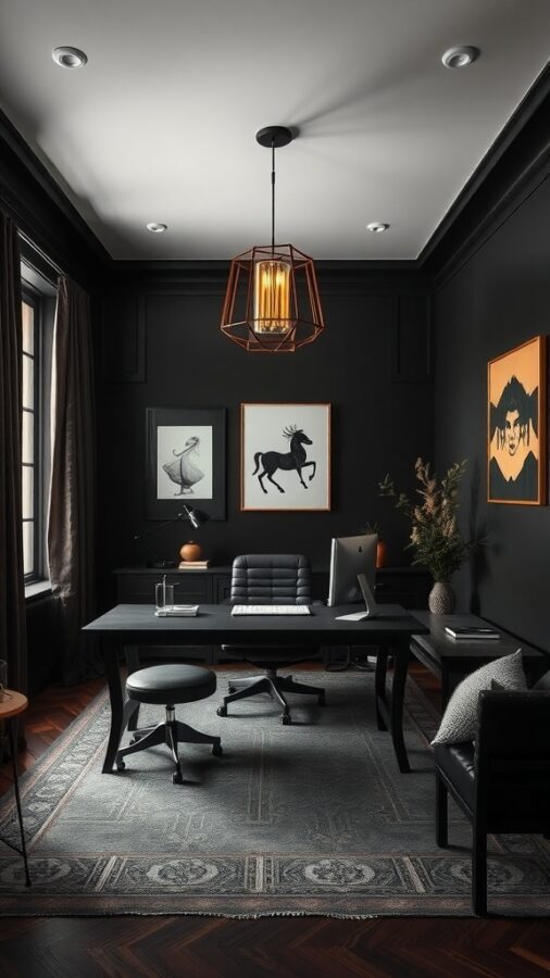 10 Essential Elements for a Moody Home Office Makeover 3 A moody home office with dark walls, a black desk, and stylish decor.
