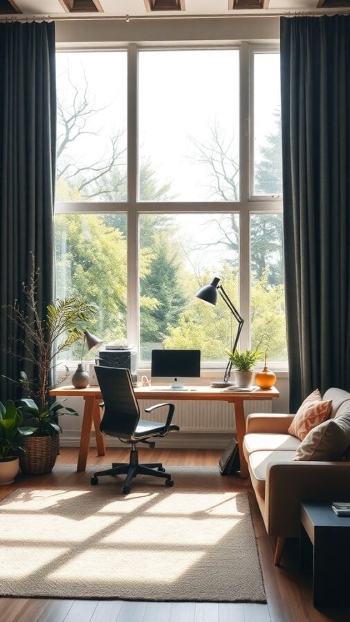 10 Essential Elements for a Moody Home Office Makeover 4 A bright home office with large windows, dark curtains, plants, and a cozy chair.