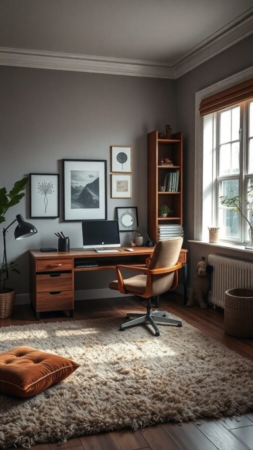 10 Essential Elements for a Moody Home Office Makeover 6 A cozy home office with a wooden desk, a plush rug, and wall art.