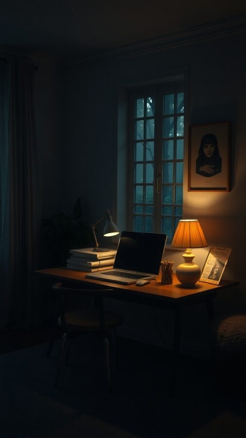 10 Essential Elements for a Moody Home Office Makeover 8 A cozy home office with soft lighting, featuring a desk, laptop, and decorative items.