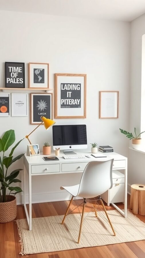10 Essential Elements for a Moody Home Office Makeover 7 A stylish home office with a white desk, computer, and framed art on the walls.