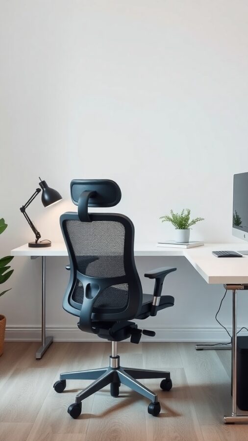 10 Essential Elements for a Moody Home Office Makeover 5 A modern home office featuring an ergonomic chair, minimalist desk, and a desk lamp.