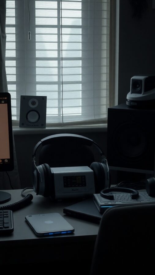 10 Essential Elements for a Moody Home Office Makeover 10 A moody home office setup with headphones, speakers, and a computer.