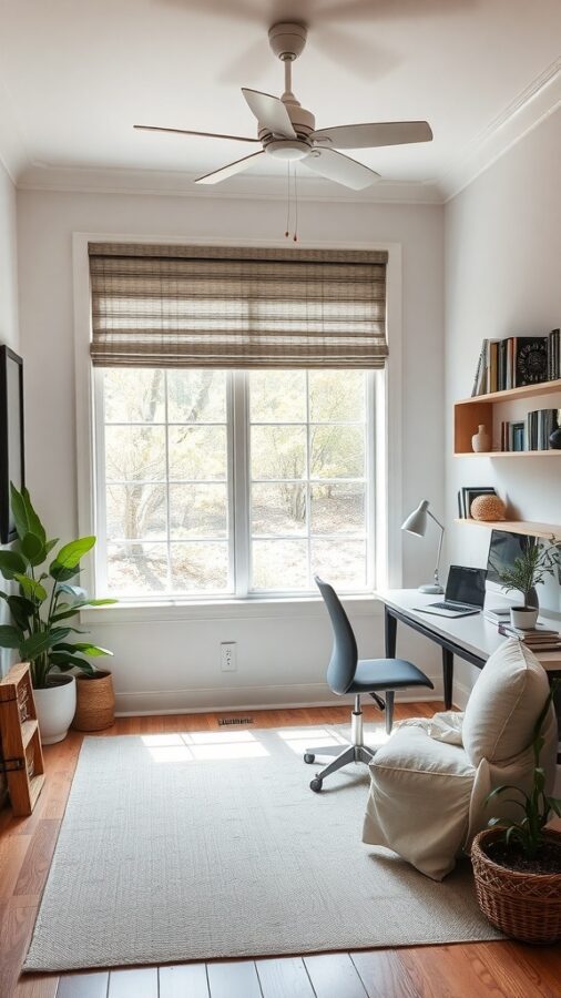 10 Essential Elements for a Moody Home Office Makeover 9 A cozy home office with a desk, computer, and a comfortable chair, featuring plants and natural light.