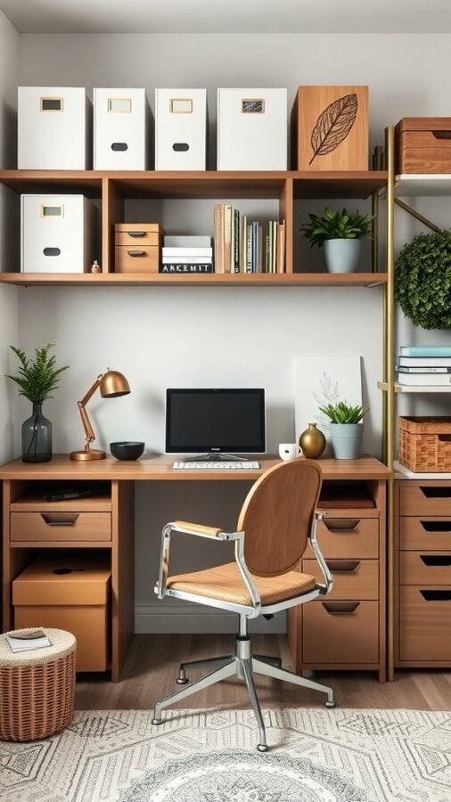 Home office with stylish shelves and storage boxes