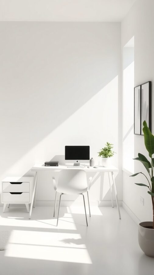 Minimalist home office with white desk and natural light
