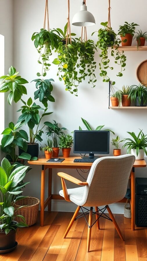 Home office with wooden desk and various plants