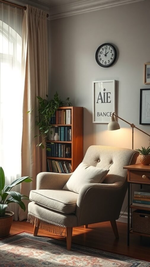Cozy reading nook with armchair and bookshelf