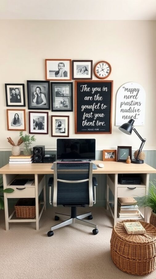 Cozy home office with framed photos and motivational quote
