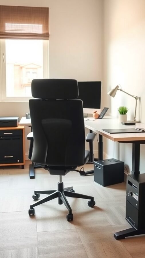 Modern ergonomic office chair and spacious desk