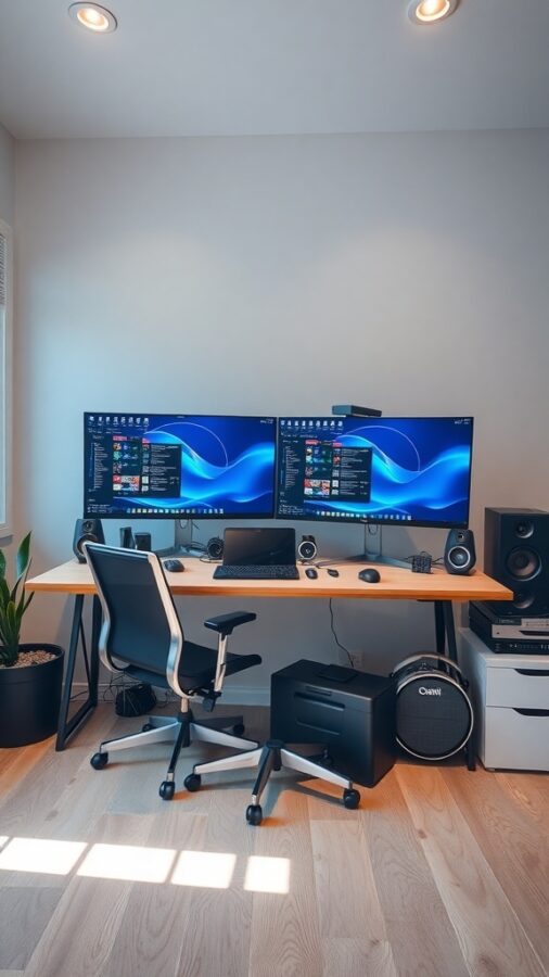 Home office with dual monitors and quality speakers