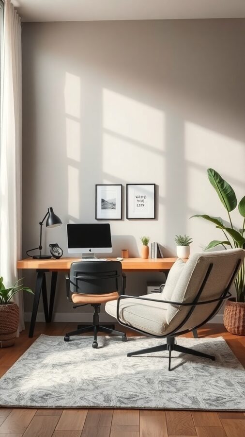 Home office with desk, computer, and comfortable chair with natural light
