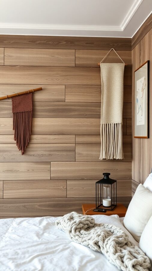 Bedroom with textured wooden wall panels and woven art