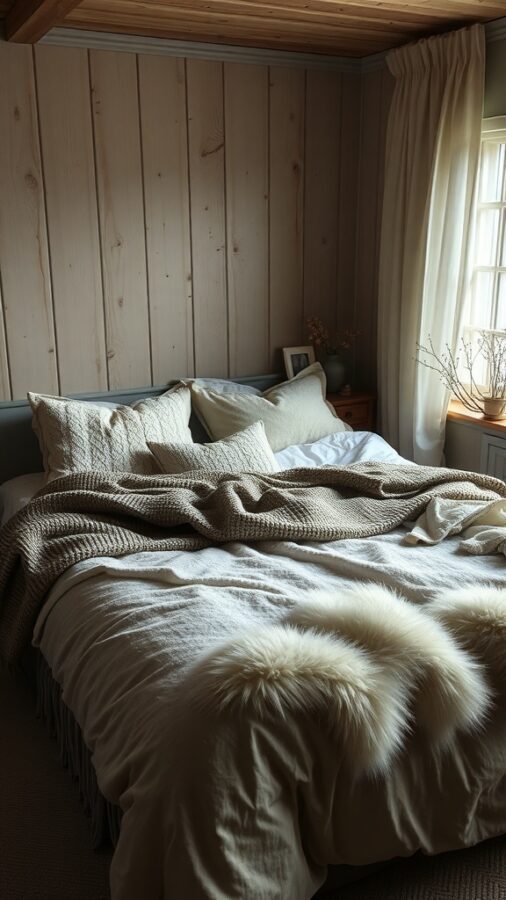 Bed with layered bedding and soft textures in warm colors