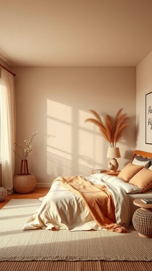Bedroom with beige walls and cozy bedding illuminated by soft sunlight