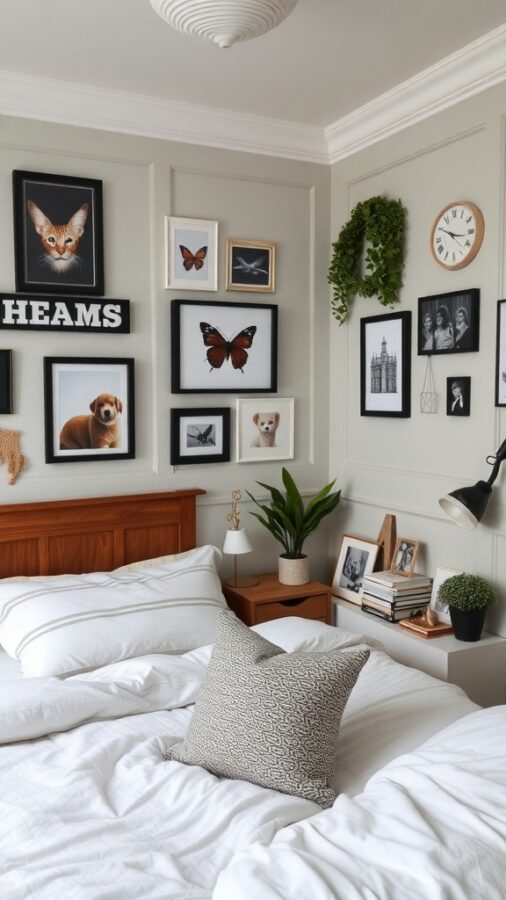 Personalized bedroom decor with framed nature art and plants