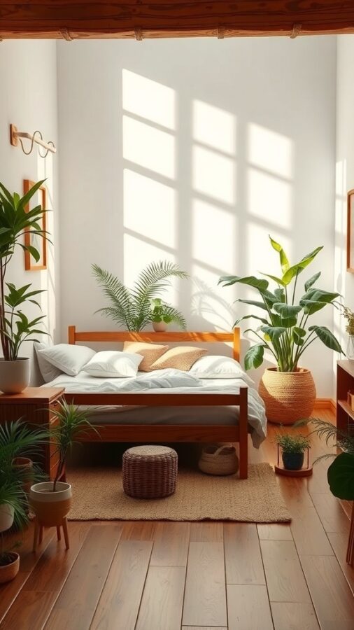 Bedroom featuring wooden furniture and indoor plants