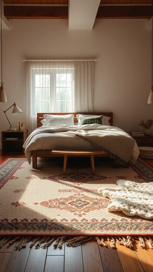 Bedroom featuring layered rugs and natural light