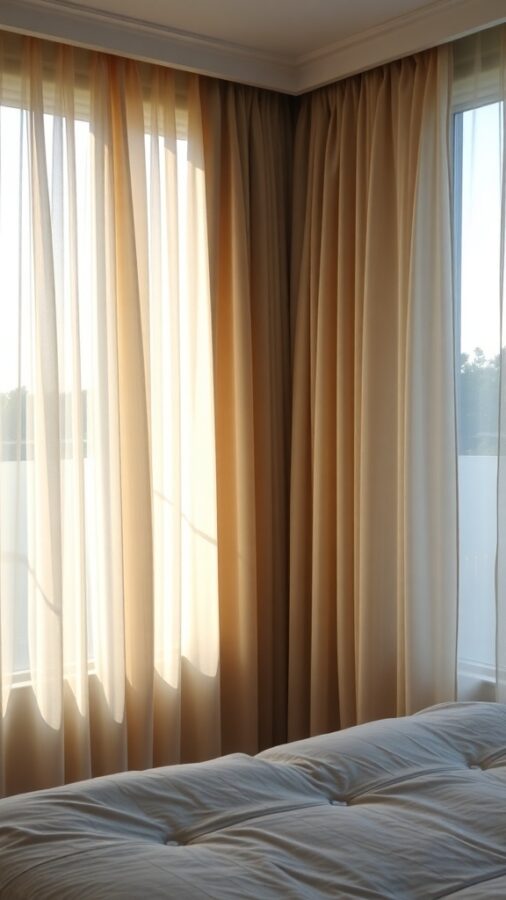 Soft beige curtains filtering natural light in a warm bedroom