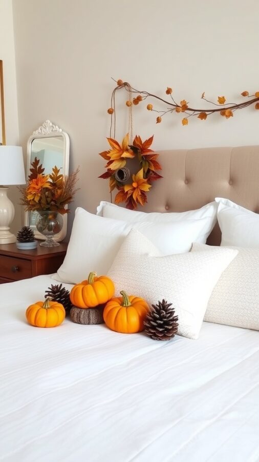 A cozy fall-themed bedroom with pumpkins and pinecones on the bed, and a leaf garland above the headboard.