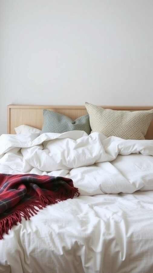 A cozy bed with layered white bedding, textured pillows, and a red plaid throw blanket.