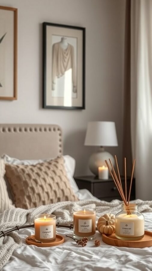 A cozy bedroom with candles and a diffuser, styled for fall.