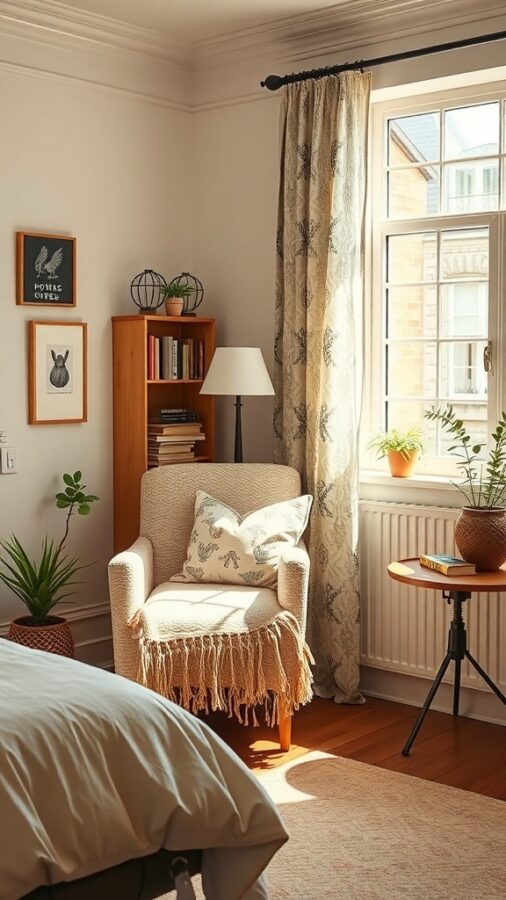 A cozy bedroom with candles lit on a bedside table and around the room, creating a warm atmosphere.